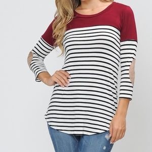 3/4 SLEEVE COLOR BLOCK TOP WITH ELBOW PATCH